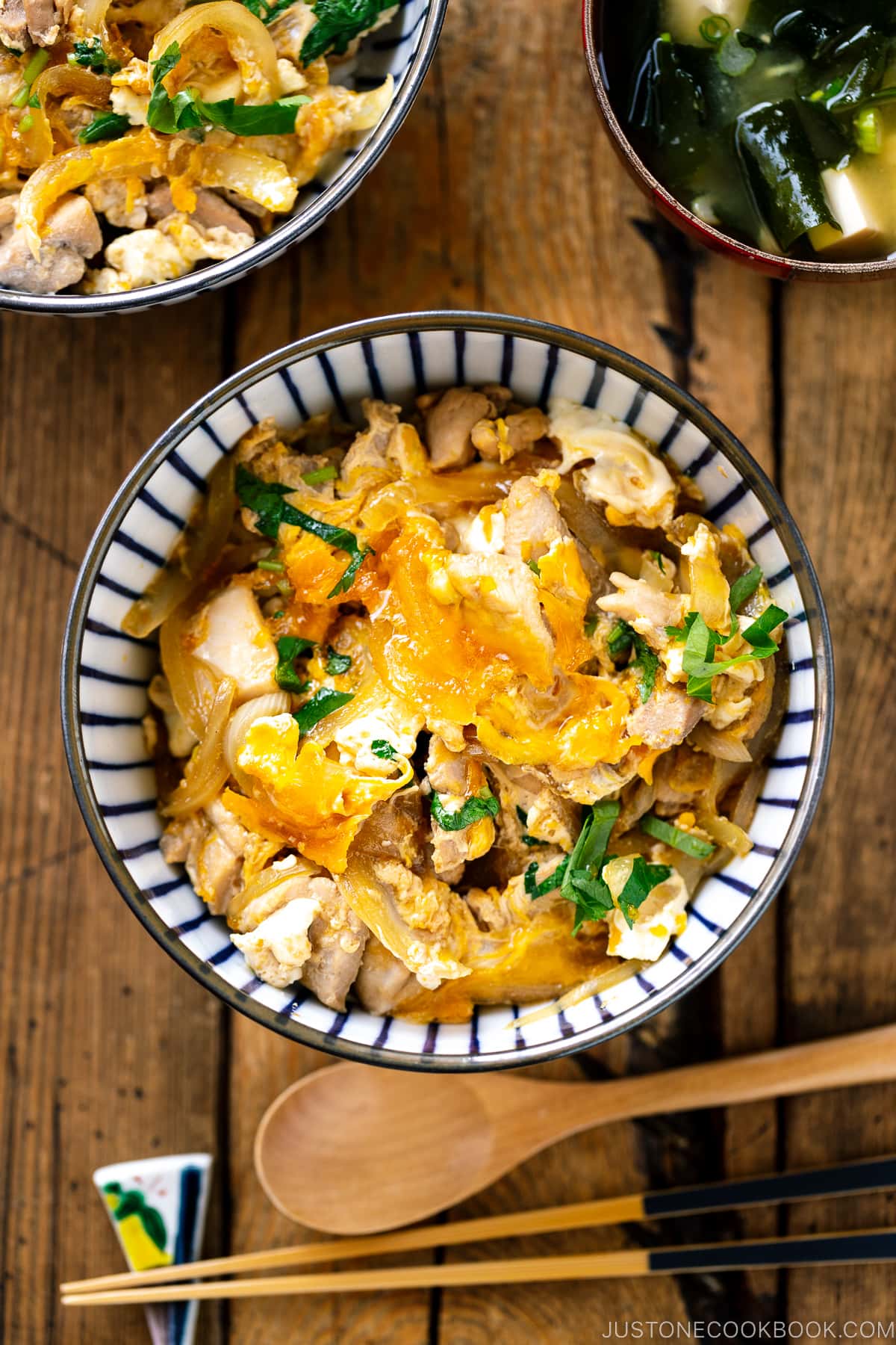 A Japanese donburi bowl containing Oyakodon, chicken and egg rice bowl.