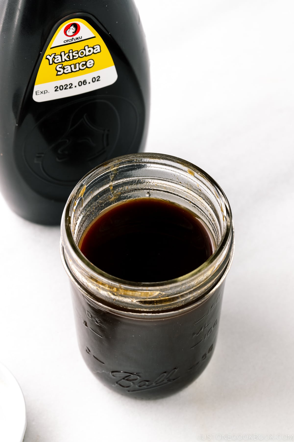 A mason jar containing homemade yakisoba sauce (copycat version of Otafuku Yakisoba Sauce).