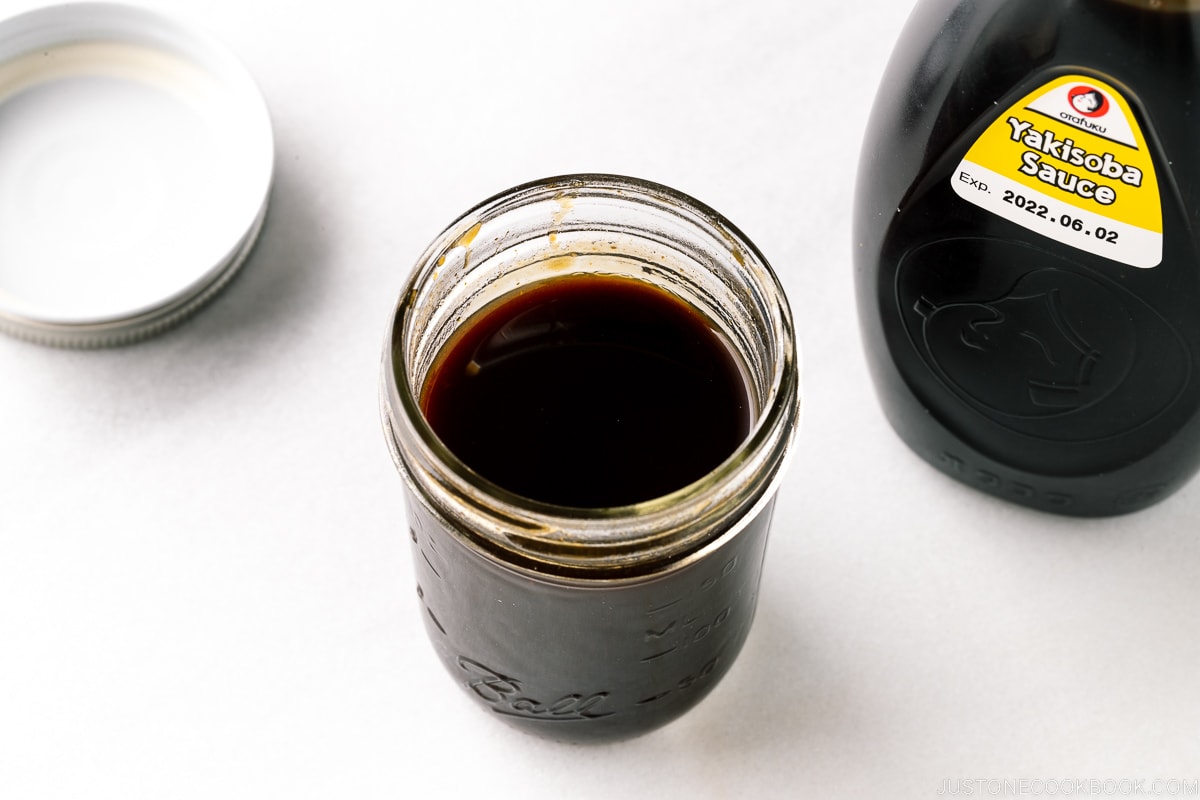 A mason jar containing homemade yakisoba sauce (copycat version of Otafuku Yakisoba Sauce).