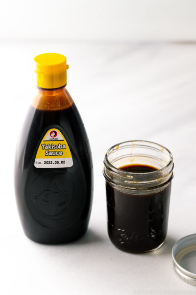 A mason jar containing homemade yakisoba sauce (copycat version of Otafuku Yakisoba Sauce).