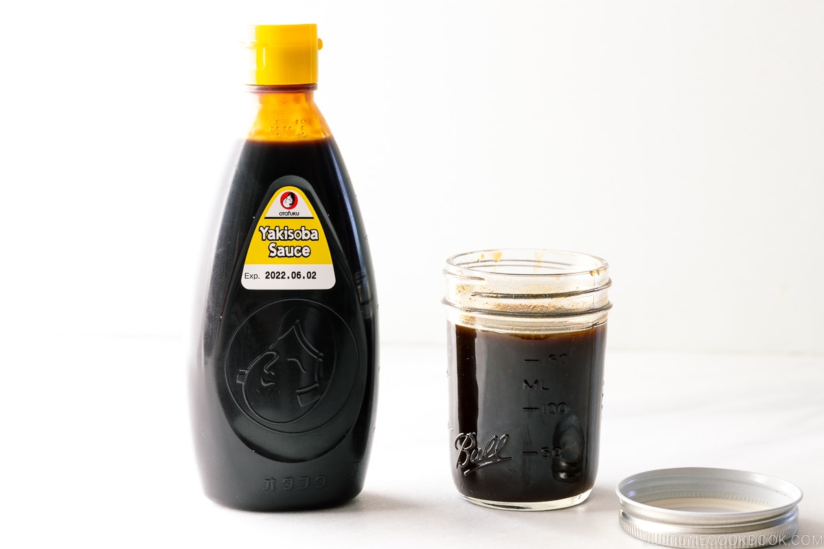 A mason jar containing homemade yakisoba sauce (copycat version of Otafuku Yakisoba Sauce).