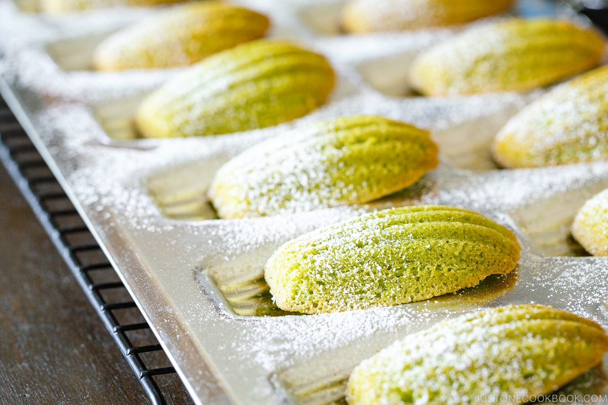 A Madeleine pan containing matcha green tea madeleines dusted with powdered sugar.