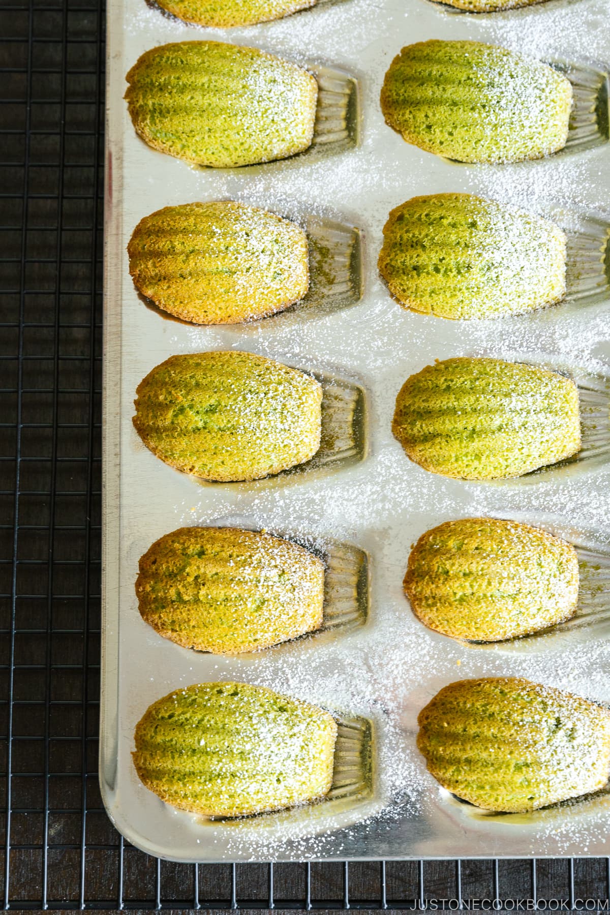 A Madeleine pan containing matcha green tea madeleines dusted with powdered sugar.