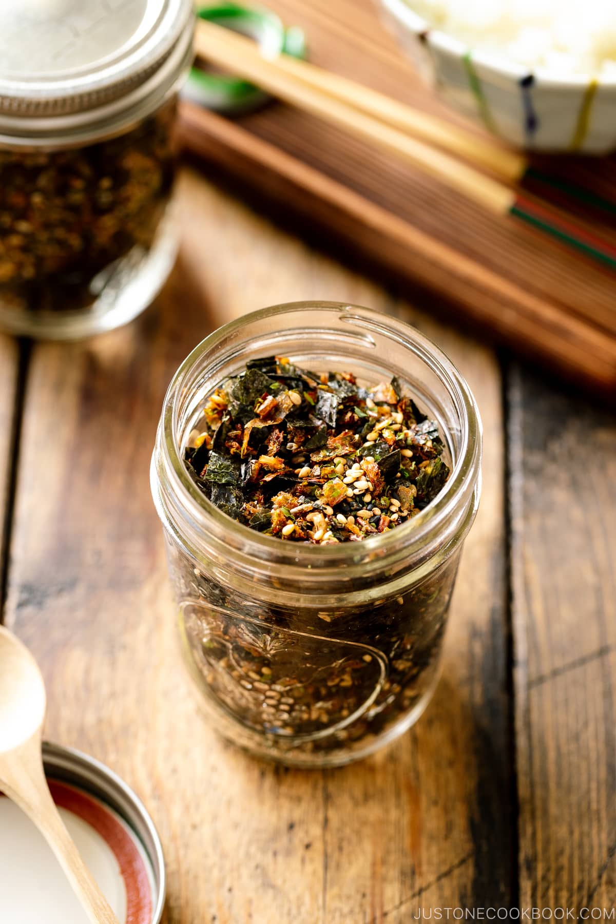 A mason jar containing Furikake (Japanese Rice Seasoning).