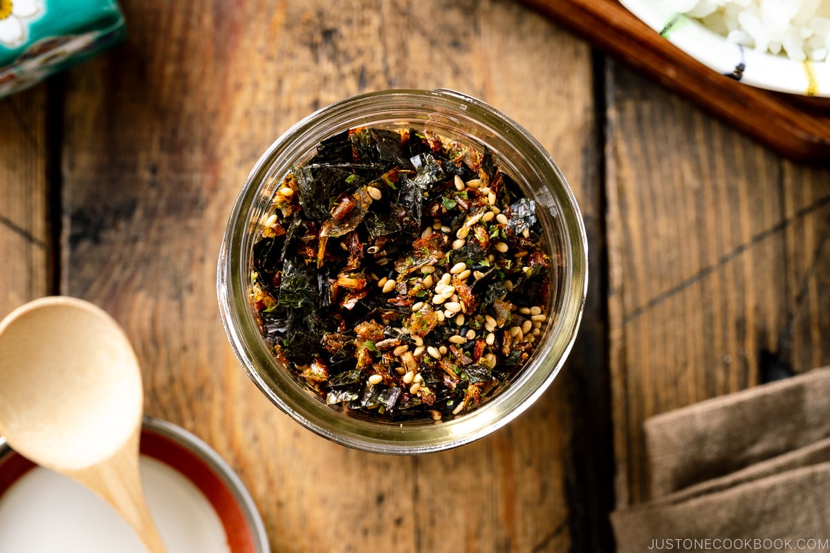 A mason jar containing Furikake (Japanese Rice Seasoning).