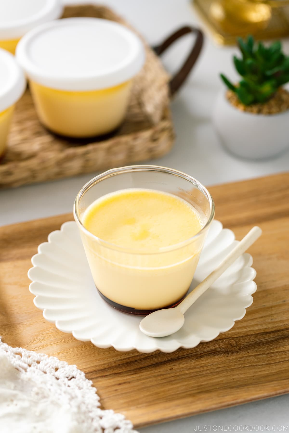 A glass cup containing Purin (Japanese Custard Pudding).