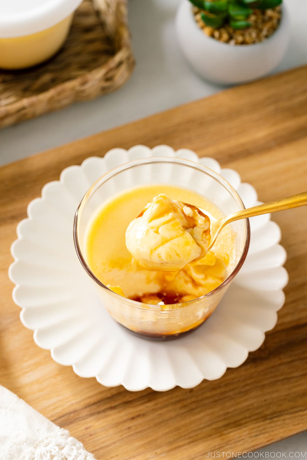 A glass cup containing Purin (Japanese Custard Pudding).