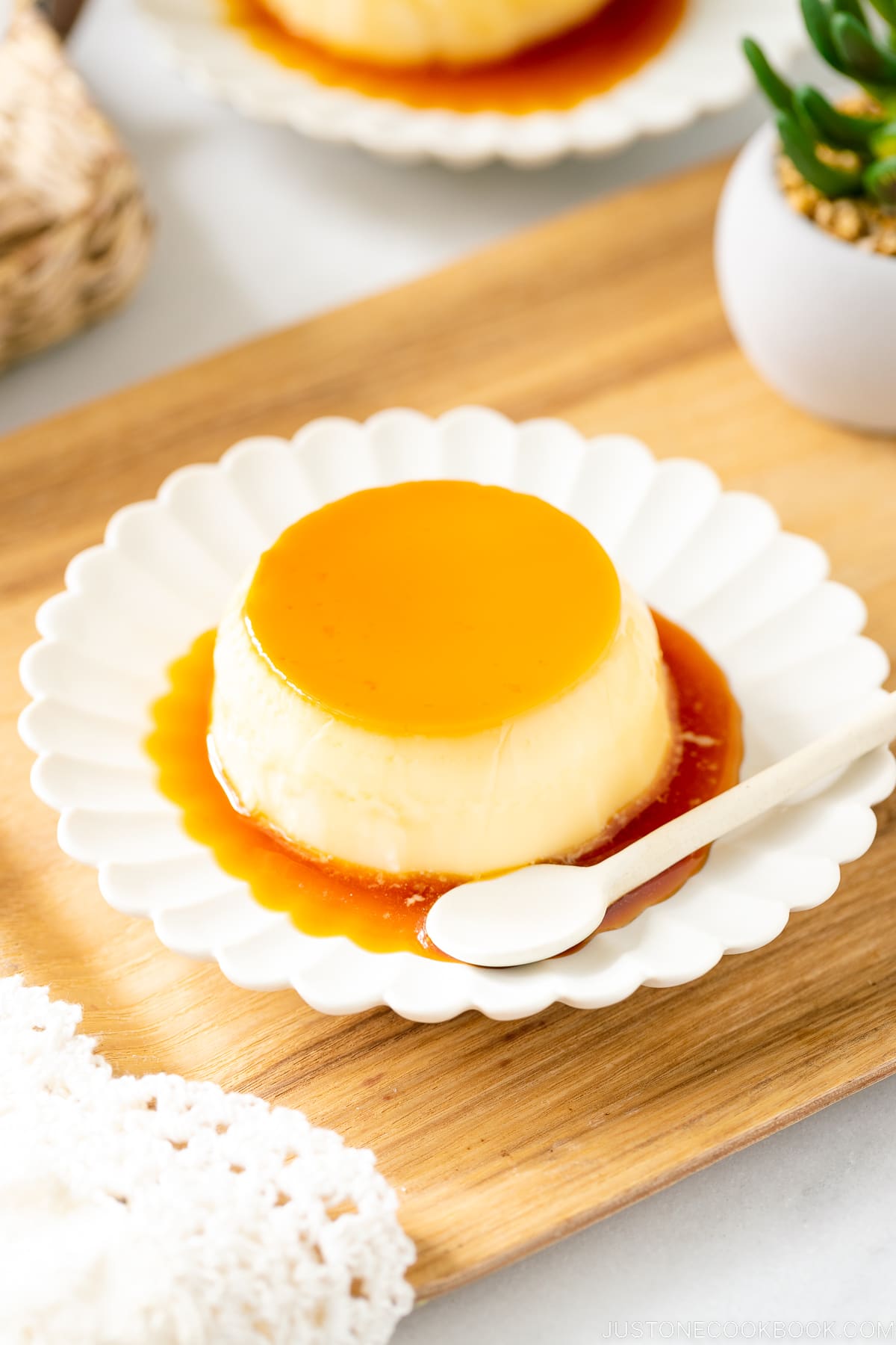 White plates containing Purin (Japanese Custard Pudding).