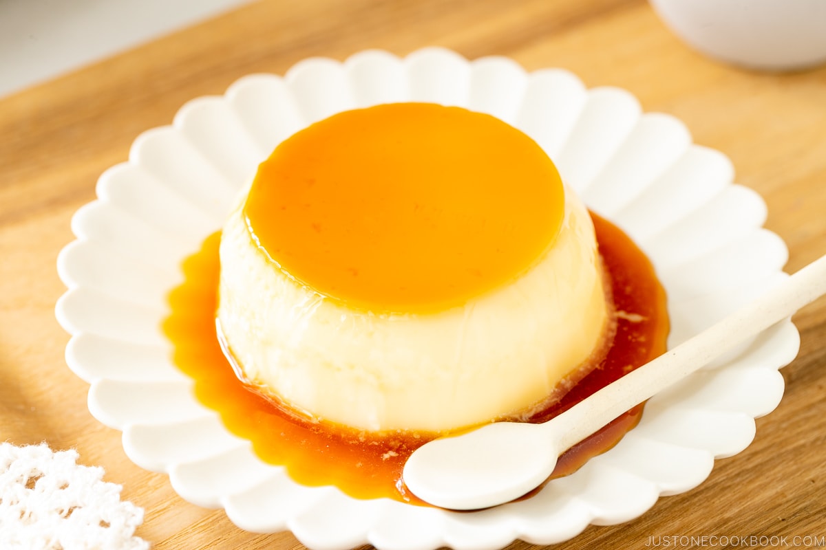 A white plate containing Purin (Japanese Custard Pudding).