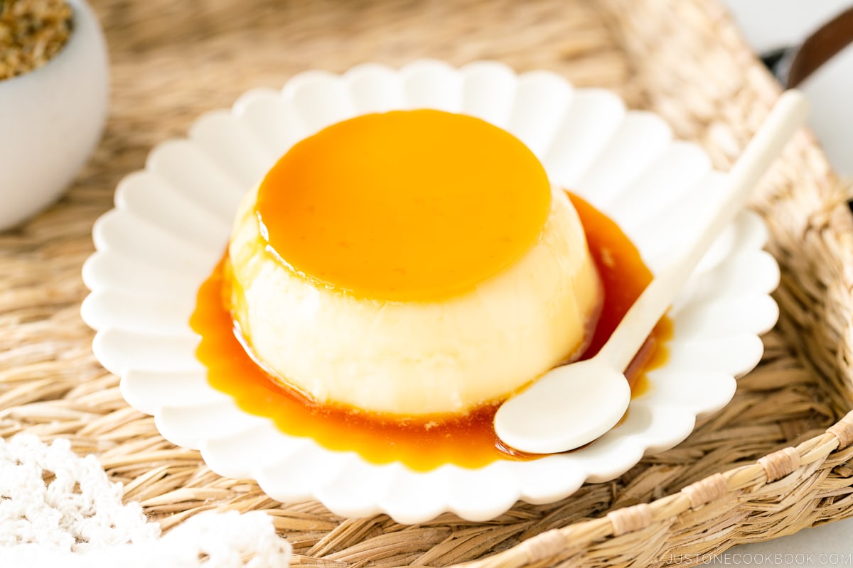 A white plate containing Purin (Japanese Custard Pudding).