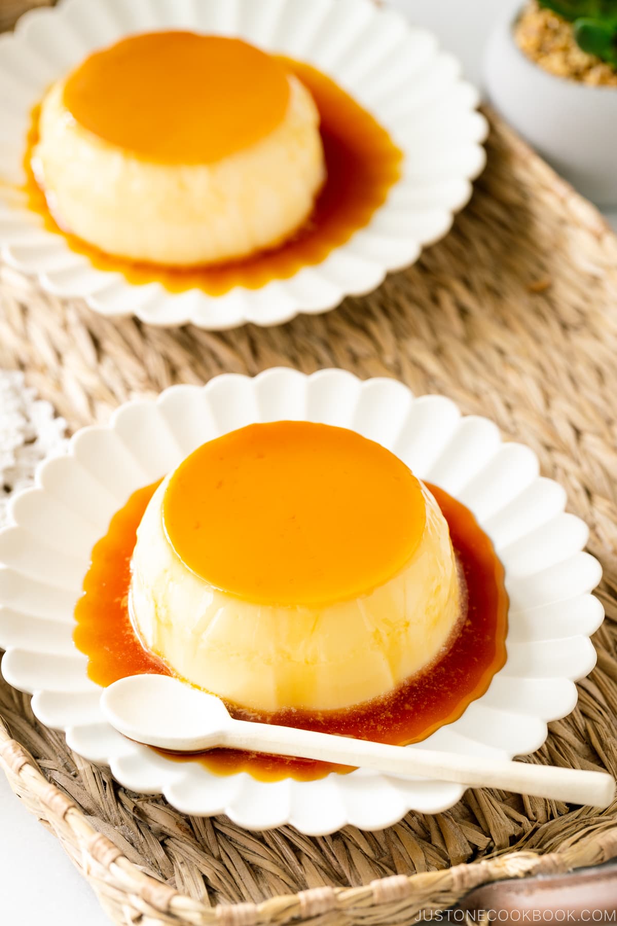 White plates containing Purin (Japanese Custard Pudding).