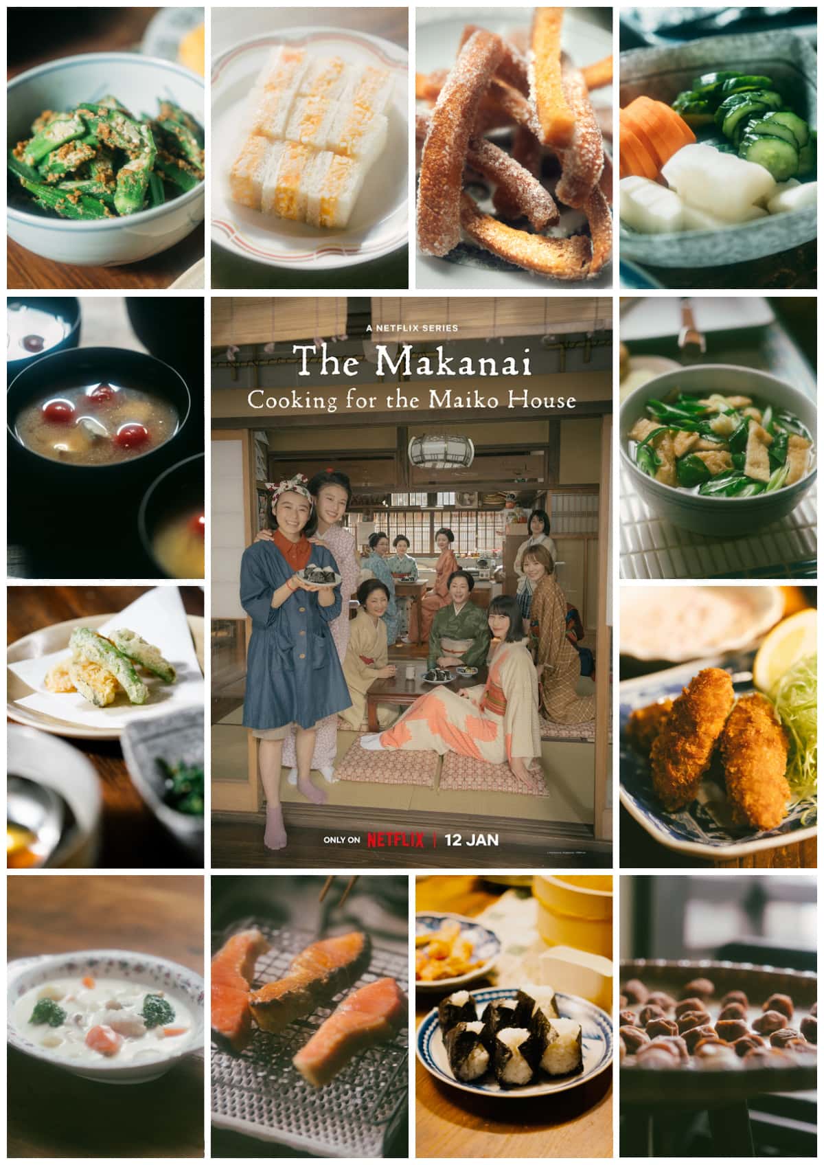 collage of recipes featured in The Makanai, including egg sandwich, pickles, okra salad, umeboshi, tempura, etc.