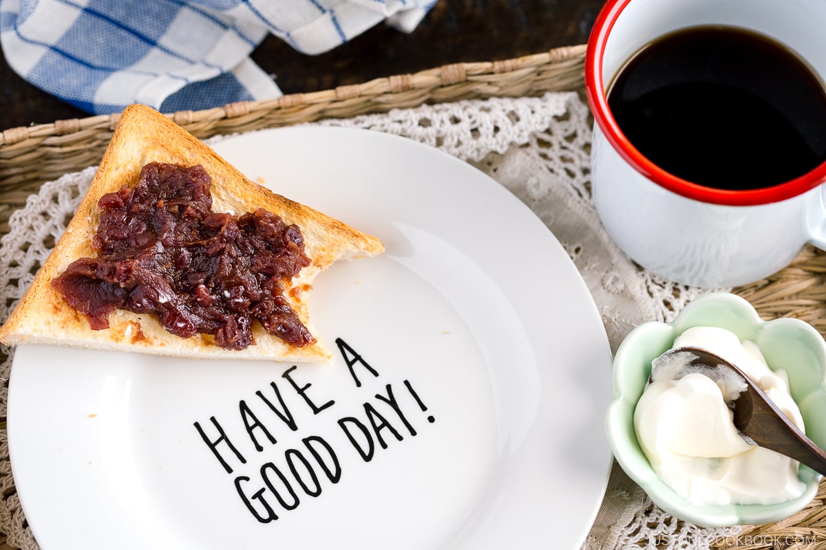 A Japanese shokupan toast with sweet red bean spread on top.