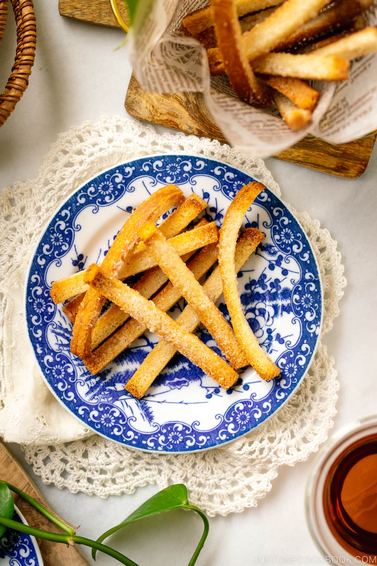 A blue plate containing oven baked Shokupan Crust Rusks.