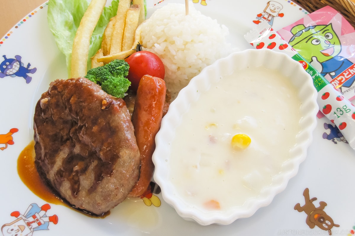 children's hambagu meal wth corn soup