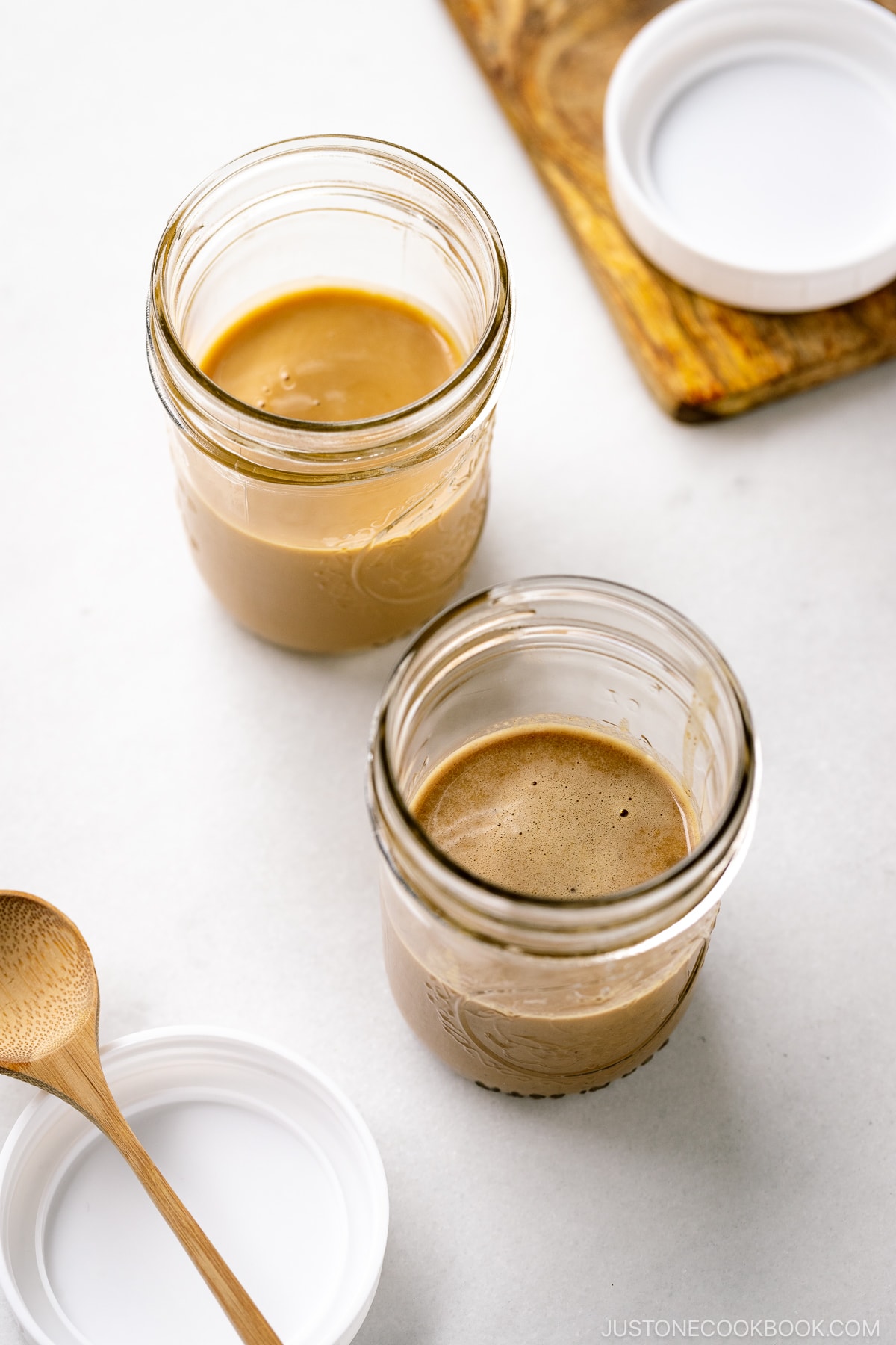 Mason jars containing Goma Dare (Japanese Sesame Sauce).