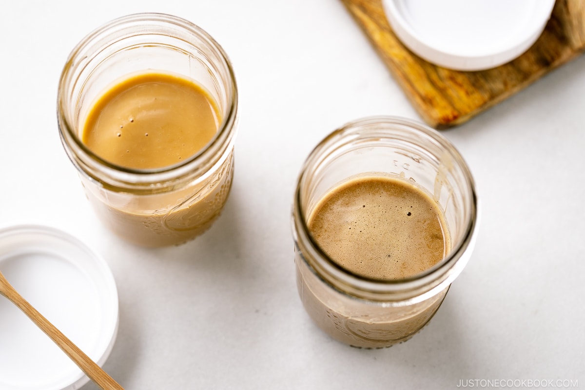 Mason jars containing Goma Dare (Japanese Sesame Sauce).