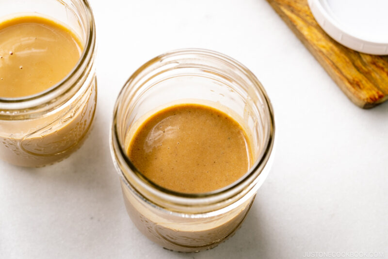 Mason jars containing Goma Dare (Japanese Sesame Sauce).