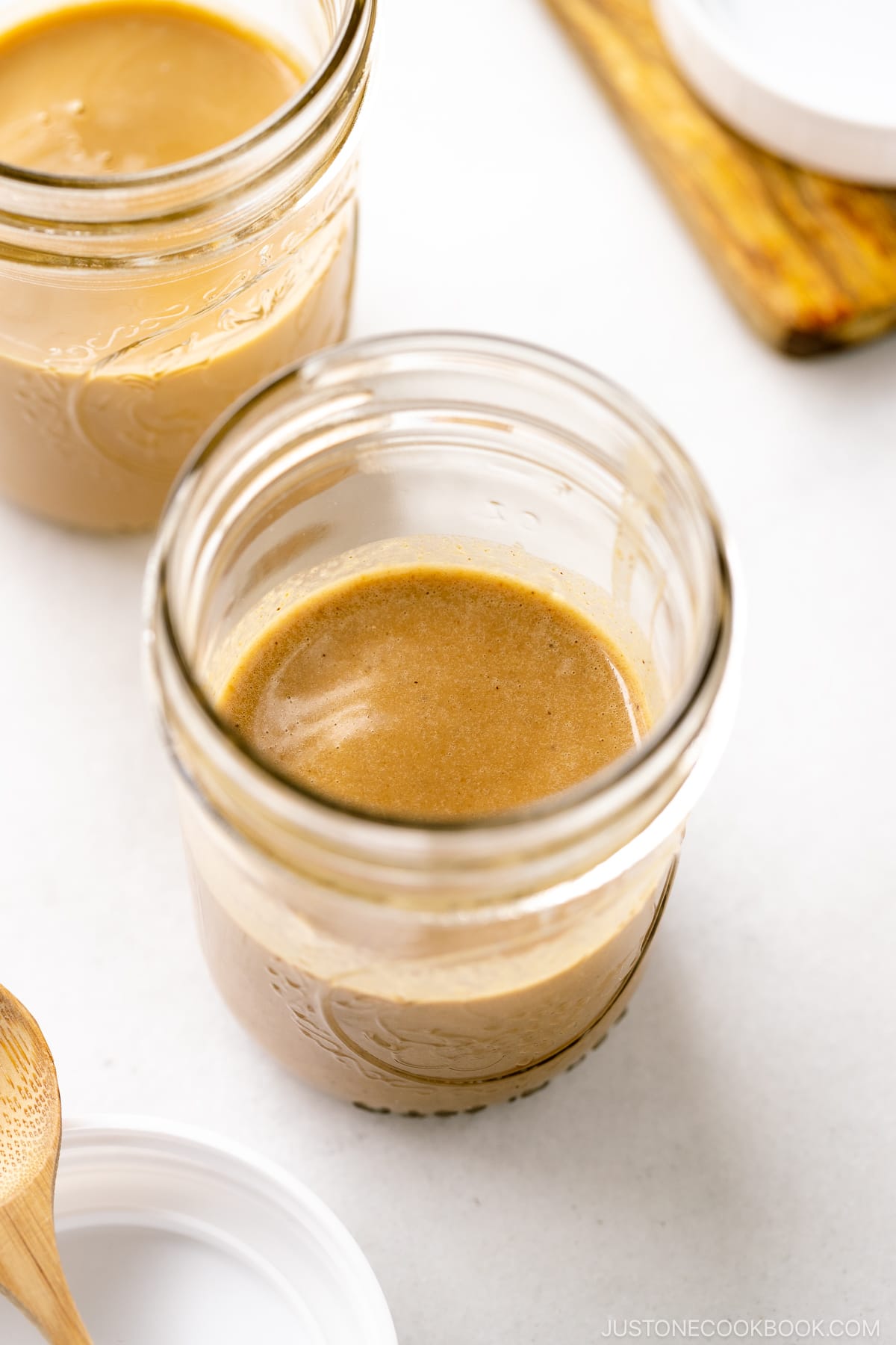 Mason jars containing Goma Dare (Japanese Sesame Sauce).