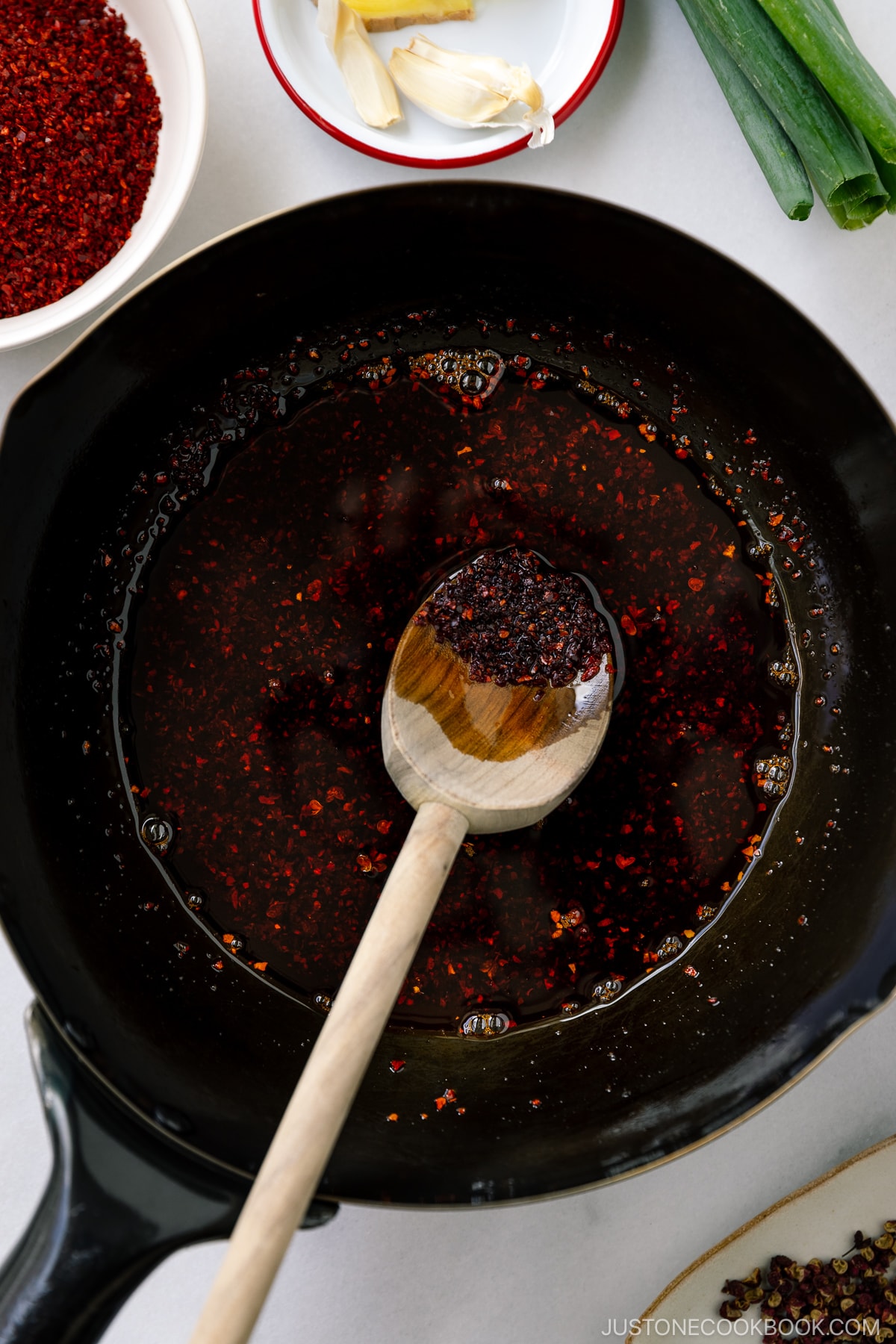 A wok containing Japanese Chili Oil (La-yu).