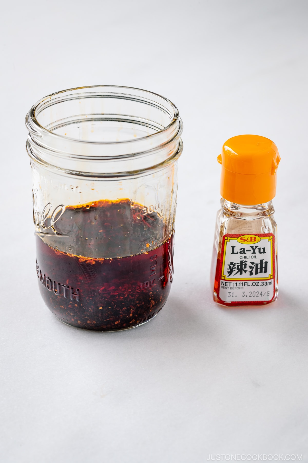 A mason jar containing Japanese Chili Oil (La-yu).