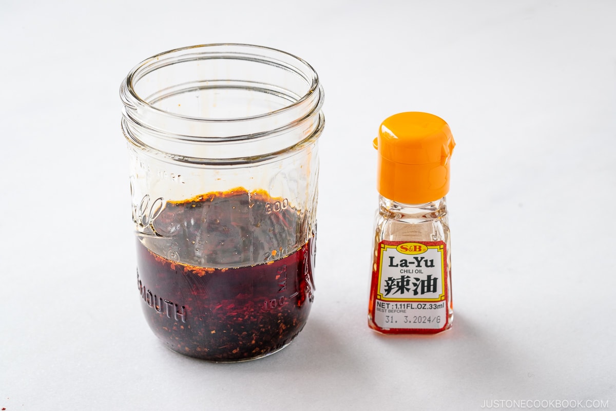 A mason jar containing Japanese Chili Oil (La-yu).