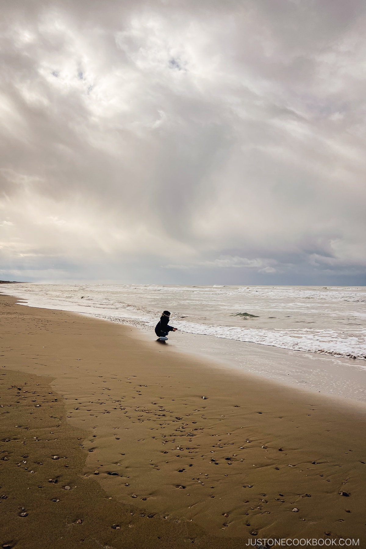 a person kneeling down on a beach next to the ocean