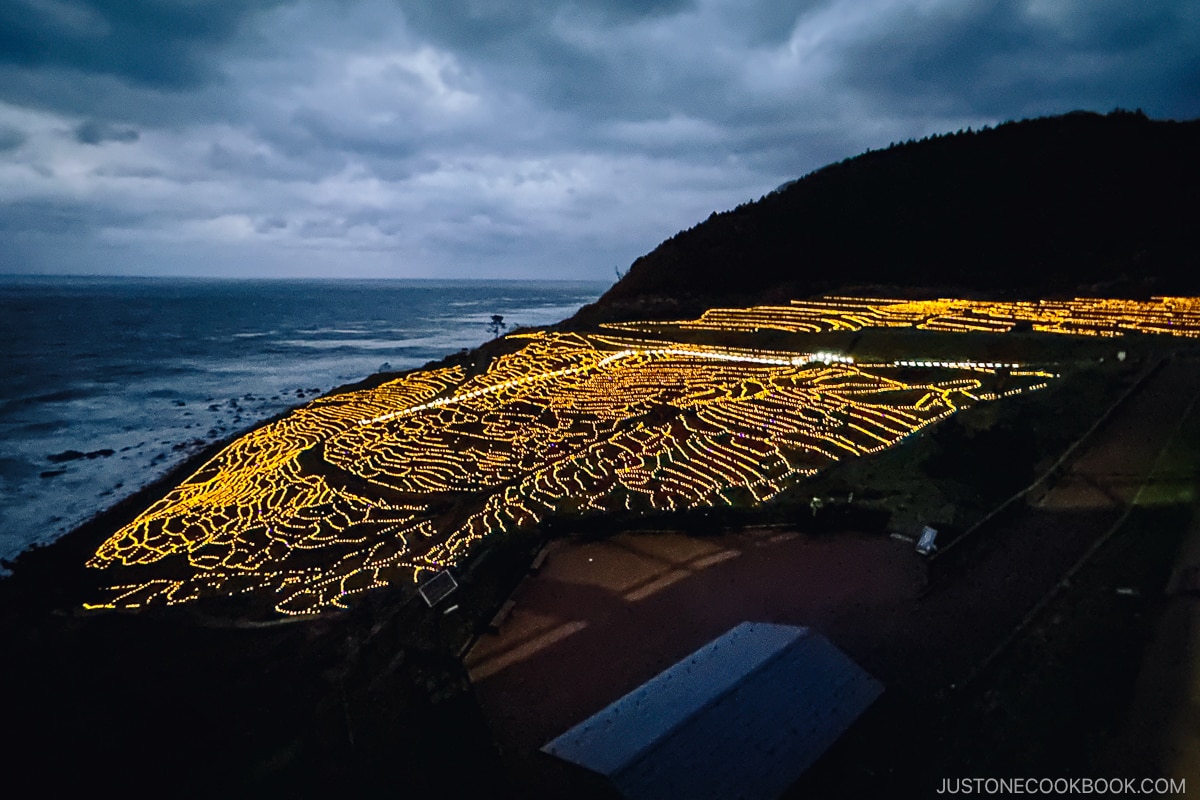 Shiroyone Senmaida Rice Terraces lit up at night