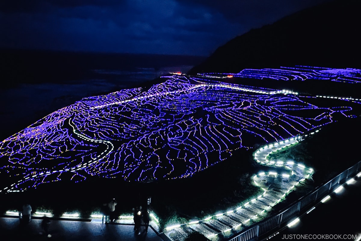 Shiroyone Senmaida Rice Terraces lit up at night