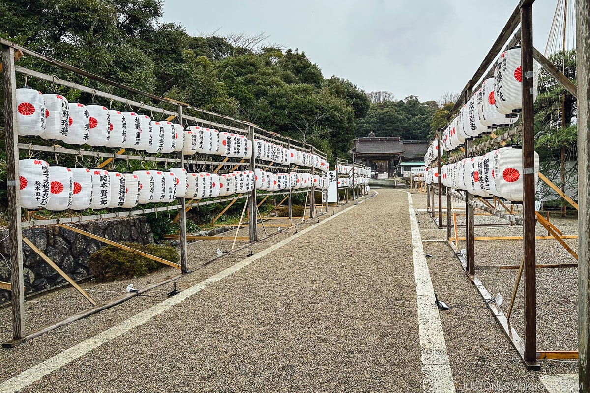 lanterns lined the two sides of a stone path