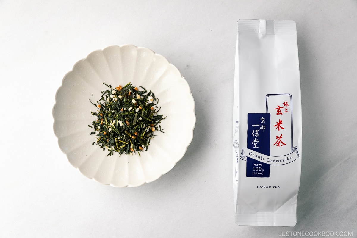 genmaicha tea leaves on a marble table