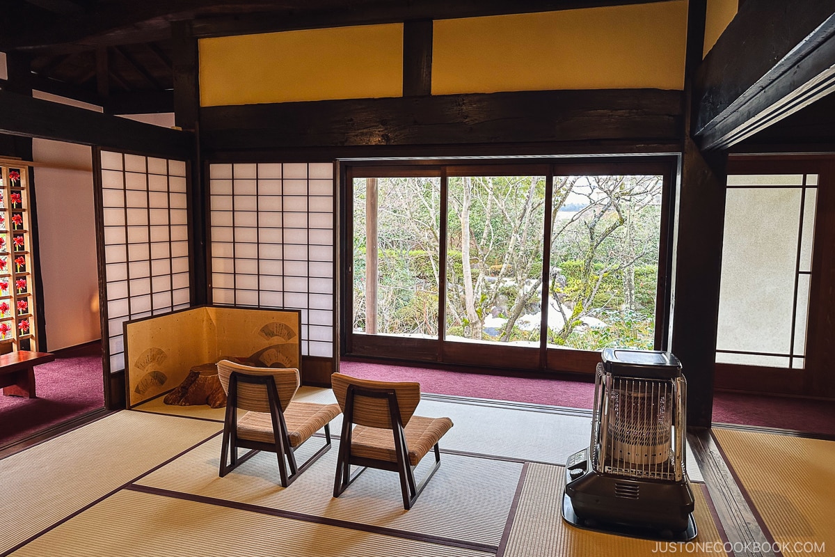 inside a traditional Japanese building with tatami mats