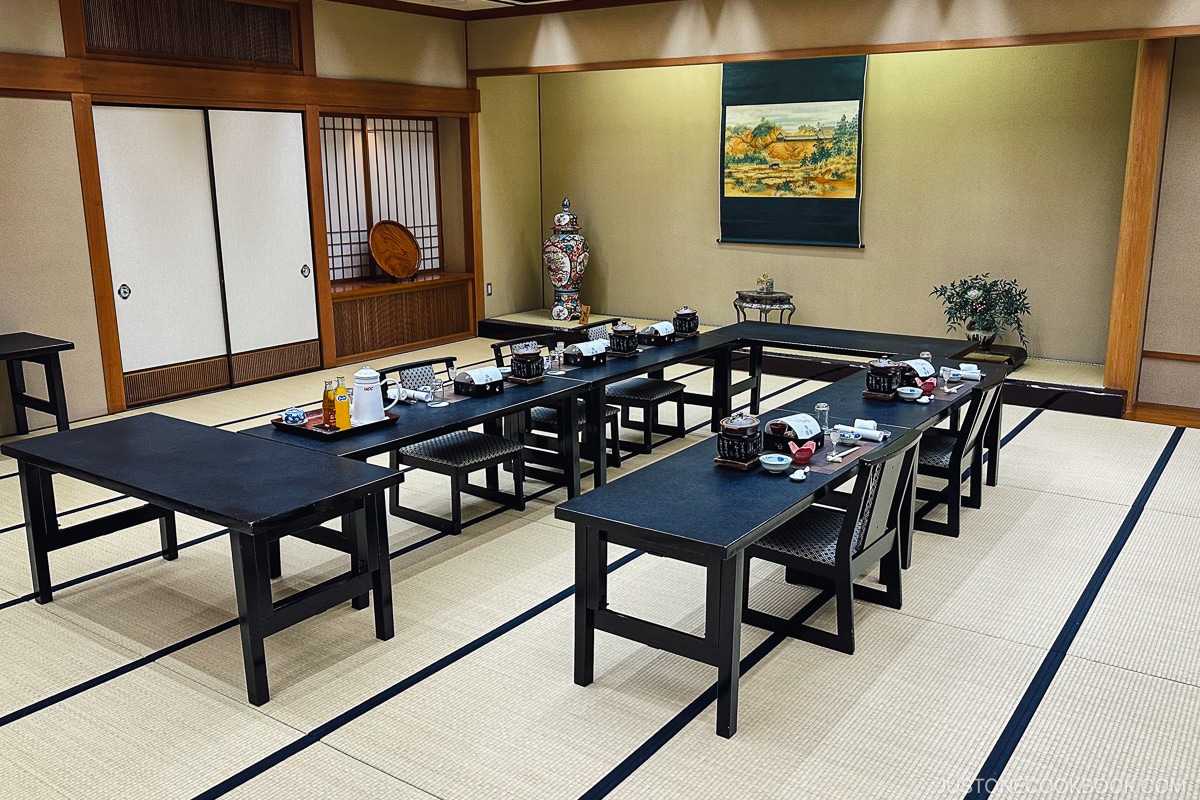 food on tables in a tatami room