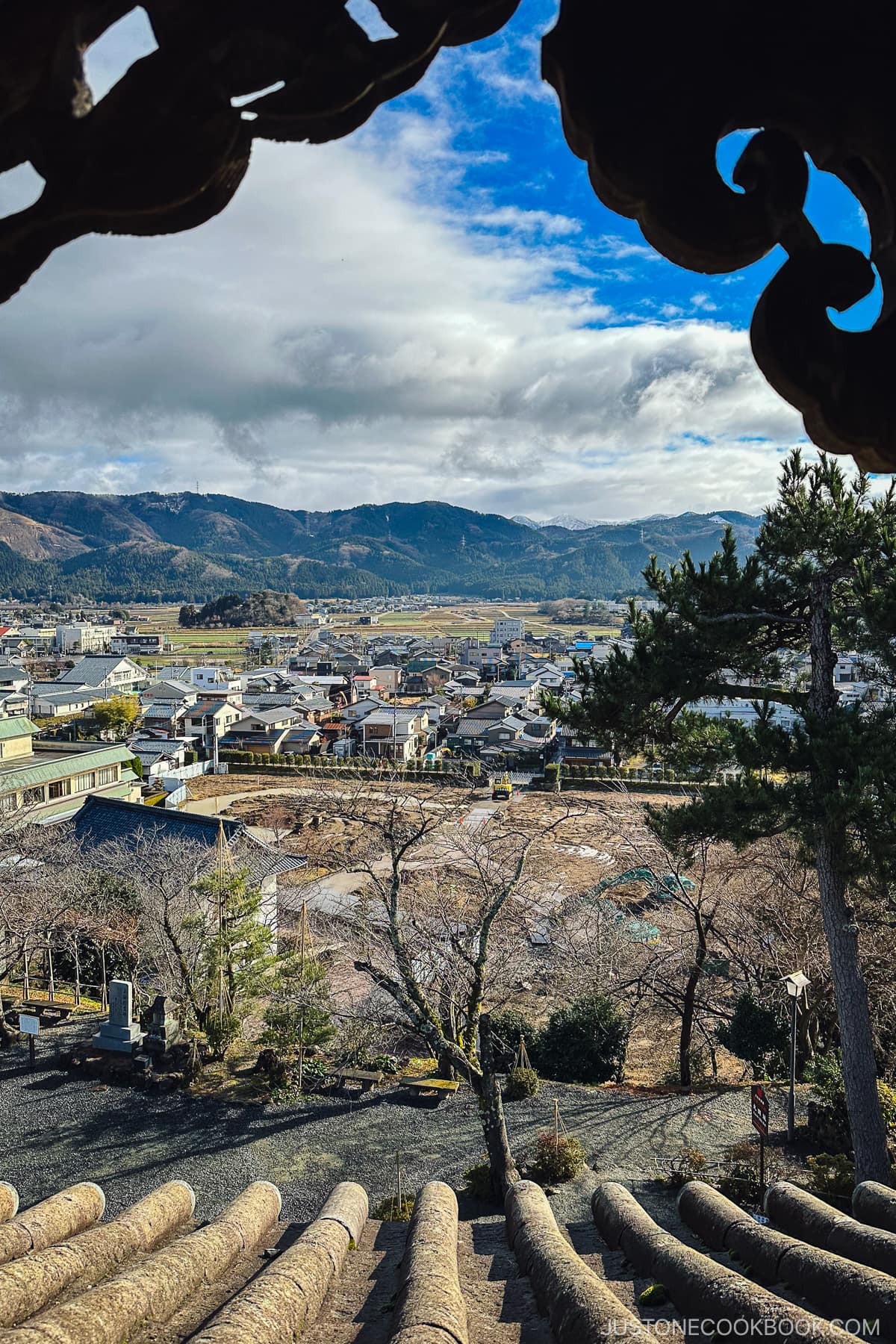 looking out at nearby town from Maruoka-jo Castle