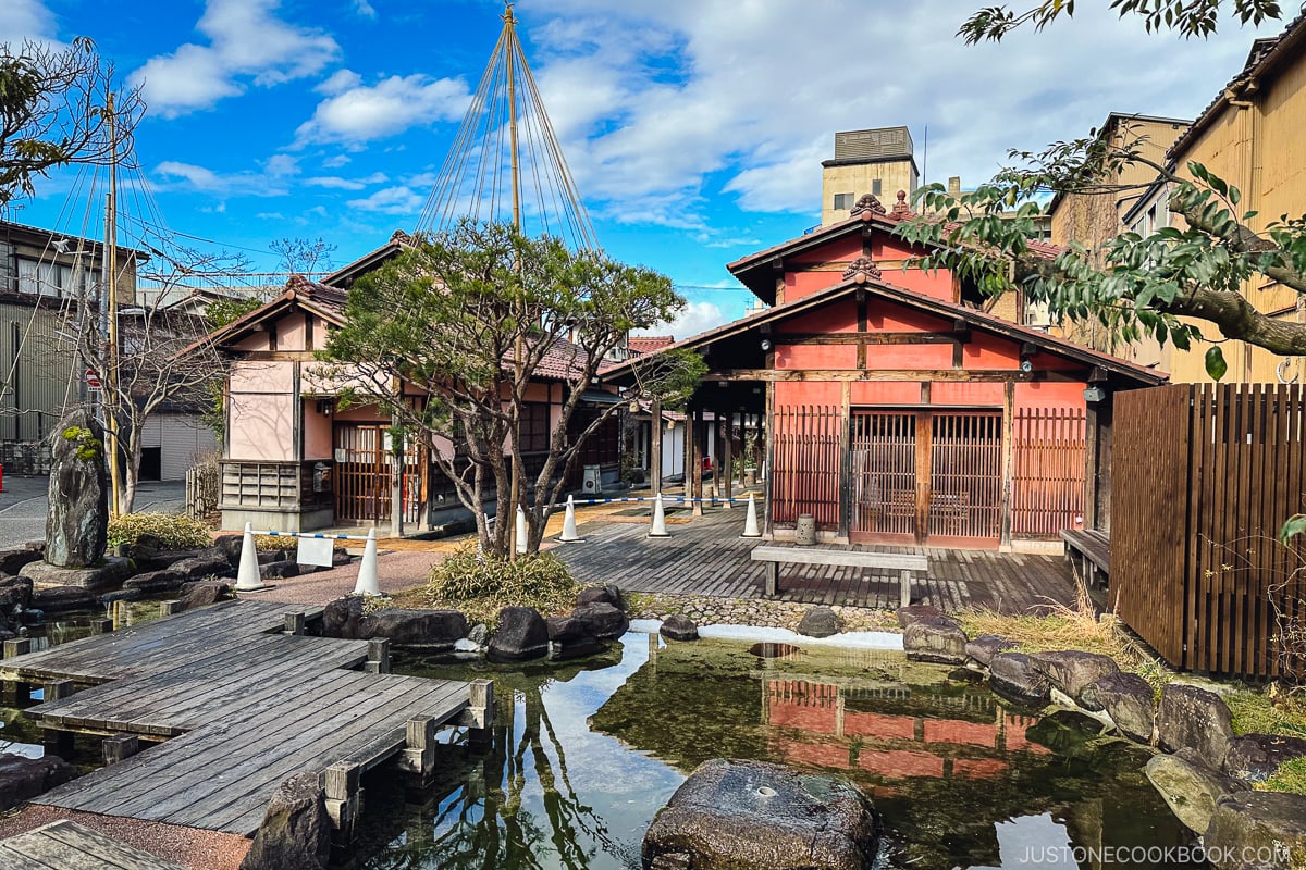 shops next to a small pond