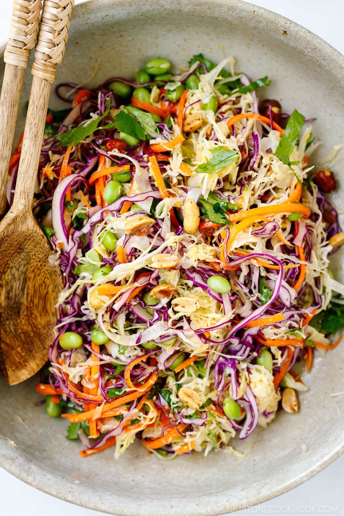 A large salad bowl containing Asian Cabbage Salad.