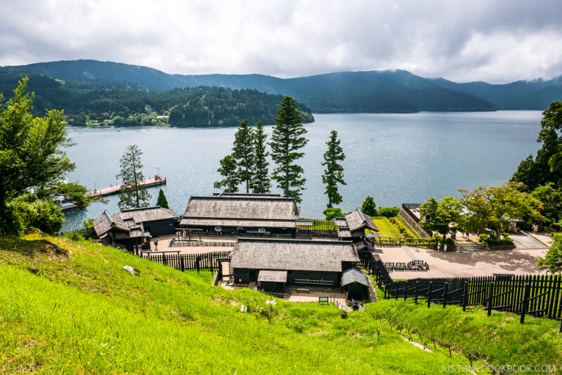 looking down from a hill at traditional Japanese structures next to a lake