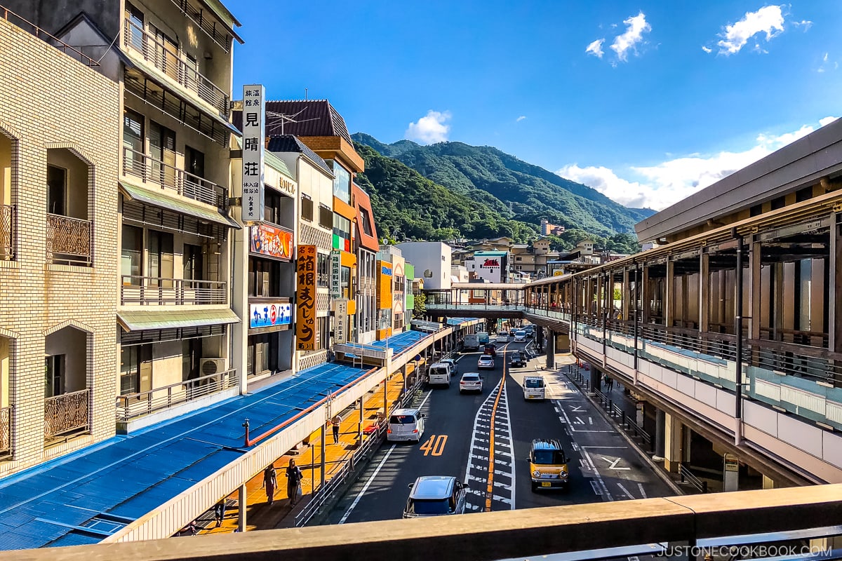 on the pedestrian walkway overlooking the main street - Hakone-Yumoto and Hakone Freepass Guide | www.justonecookbook.com