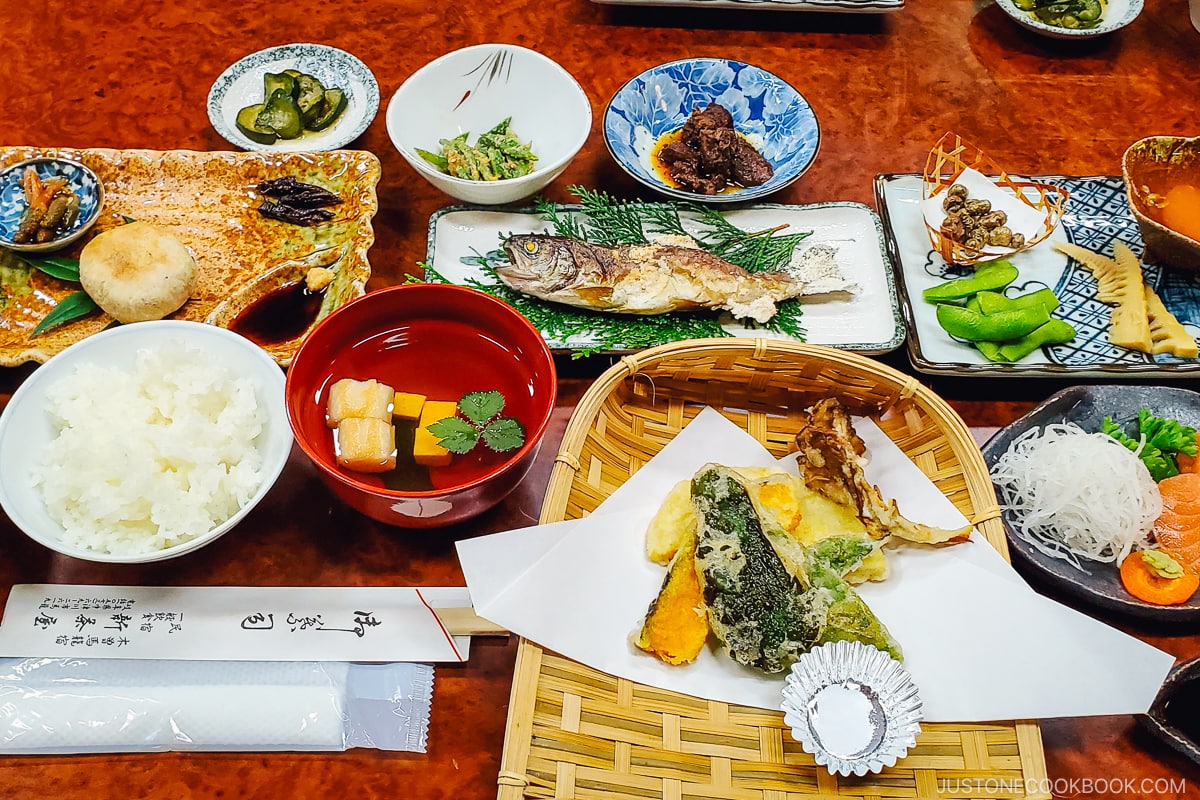 Japanese kaiseki meal on a table