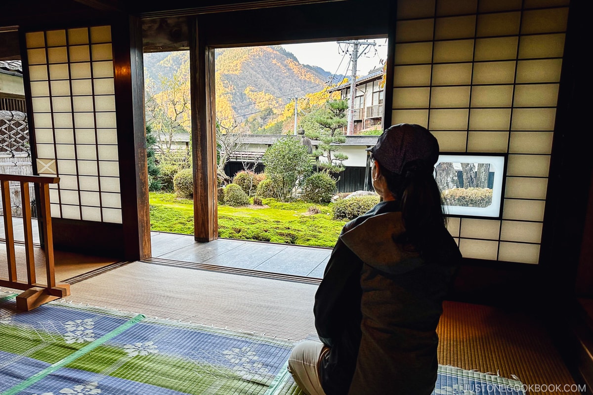 View from inside a waki-honjin of a Japanese garden and the mountain as its borrowed scenery