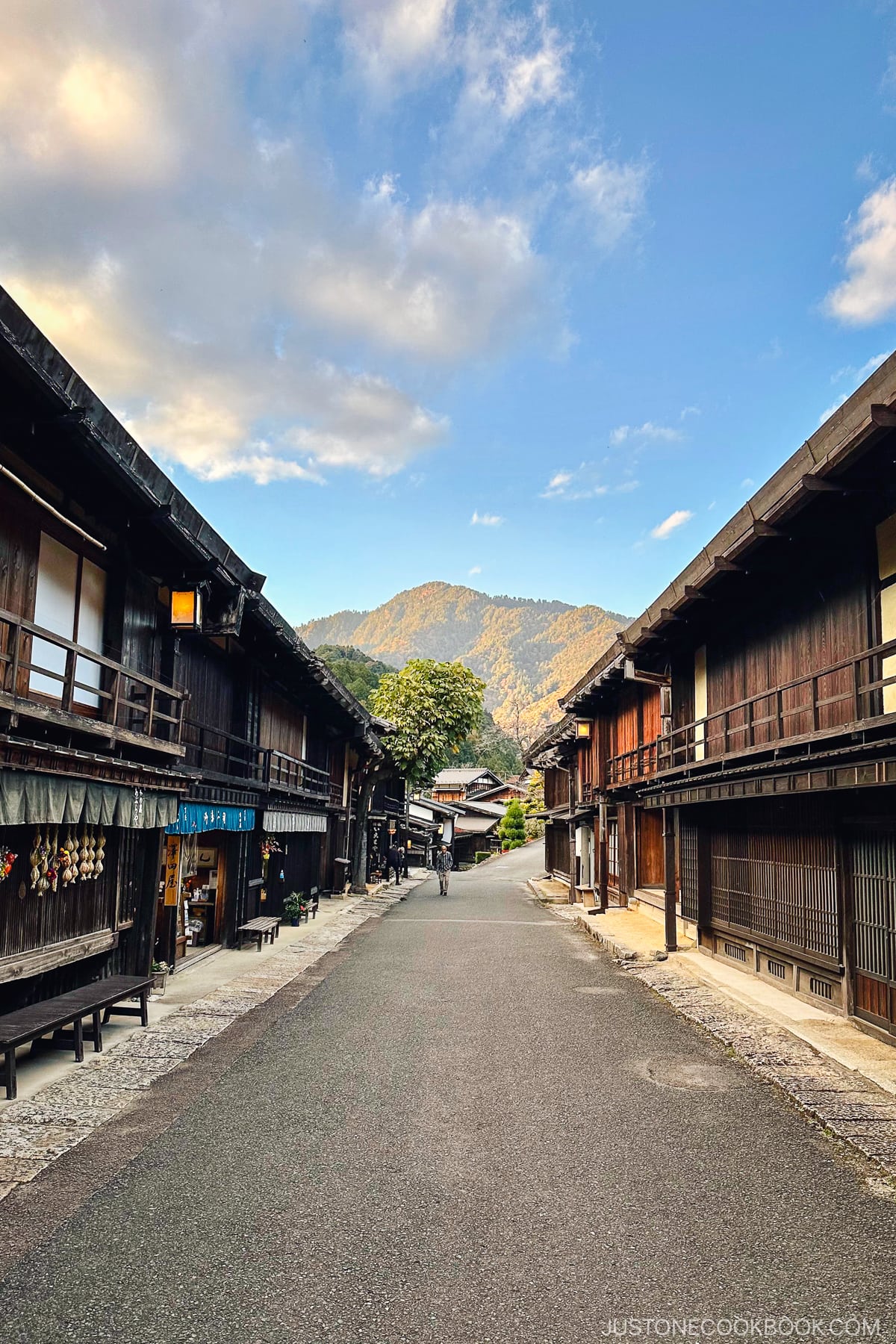 view of a small street with wood houses in Tsumago