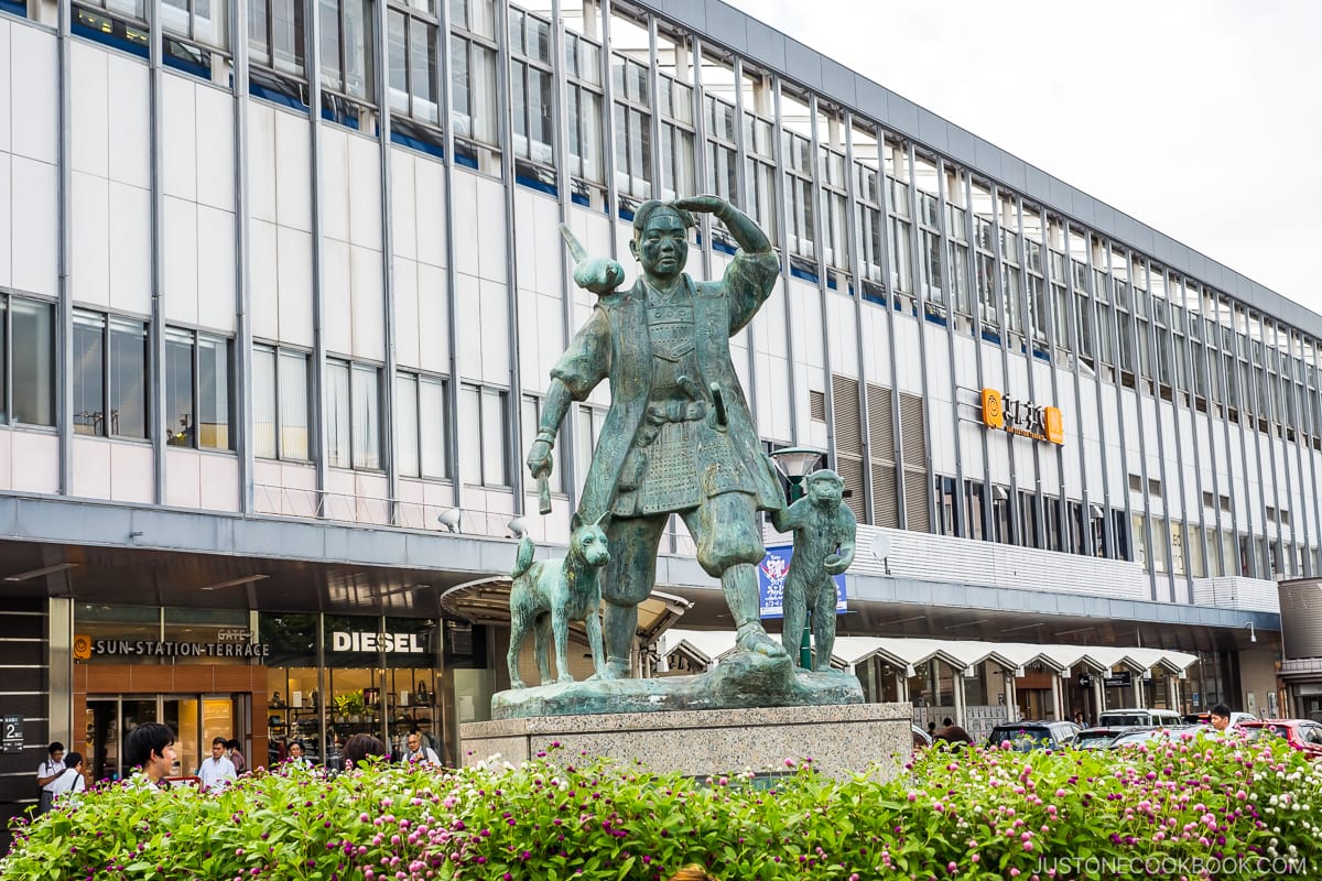 Momotaro statue in front of JR Okayama Station