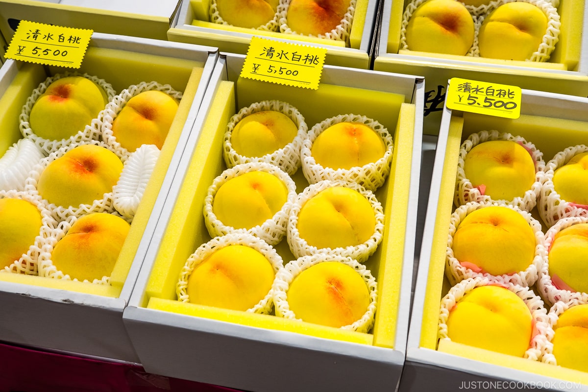 Japanese white peaches in boxes