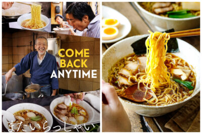 a collage of shoyu ramen and Come Back Anytime