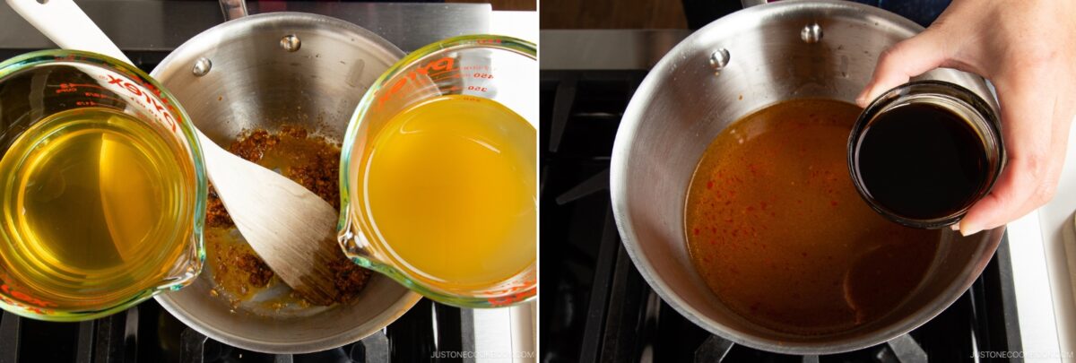 Two side-by-side images: On the left, broth and oil for spicy shoyu ramen are poured into a saucepan with spices and stirred by a wooden spoon. On the right, soy sauce is added to the simmering mixture in the saucepan.
