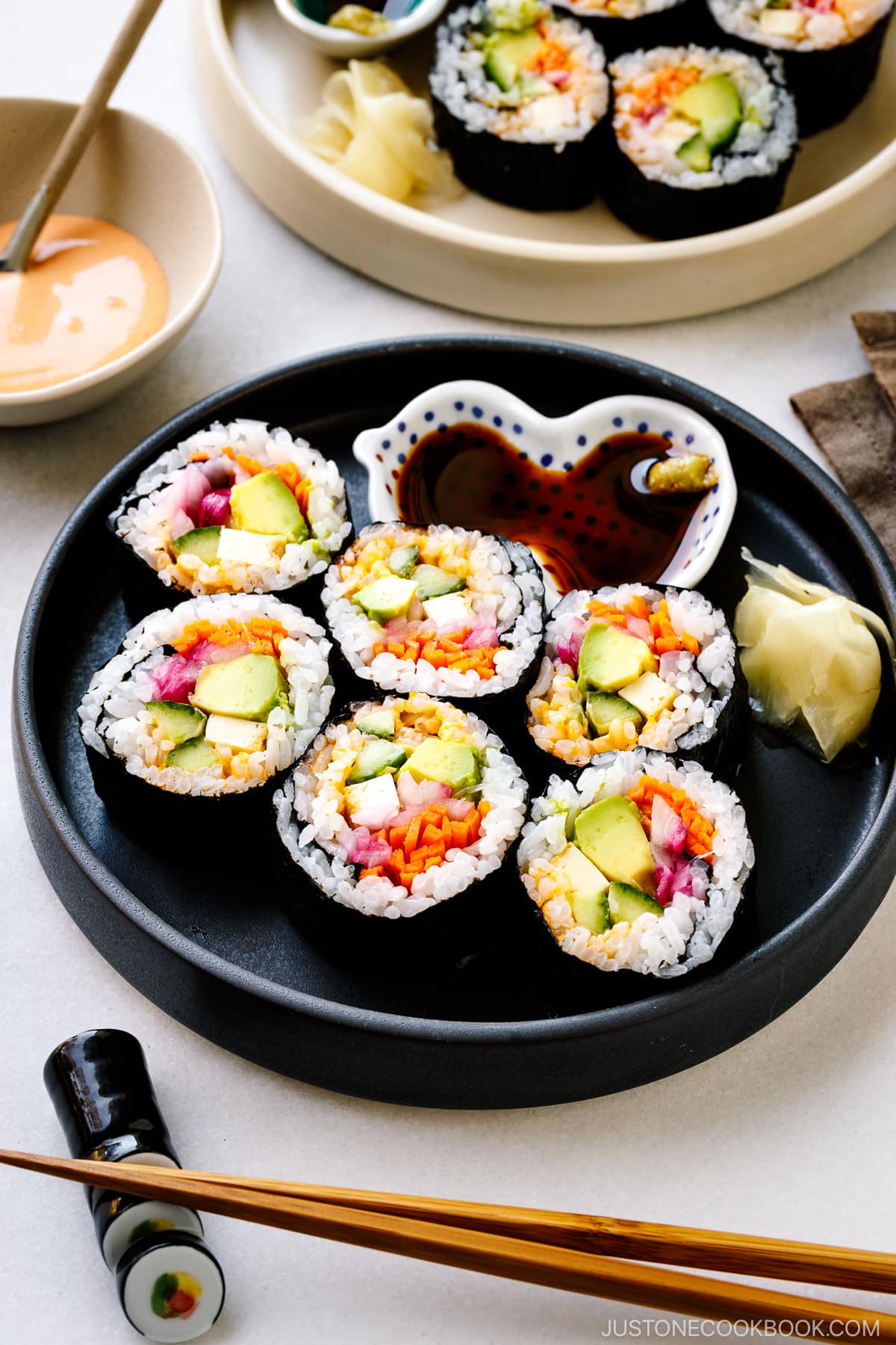 Vegetarian Sushi And Roll Set With Vegetables. Japanese Food Stock