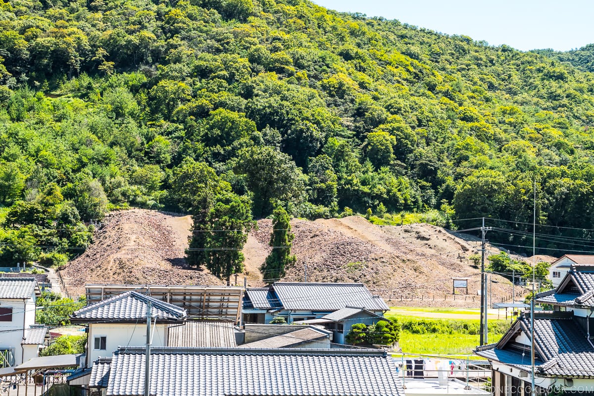 green mountain with a pile of dirt in front