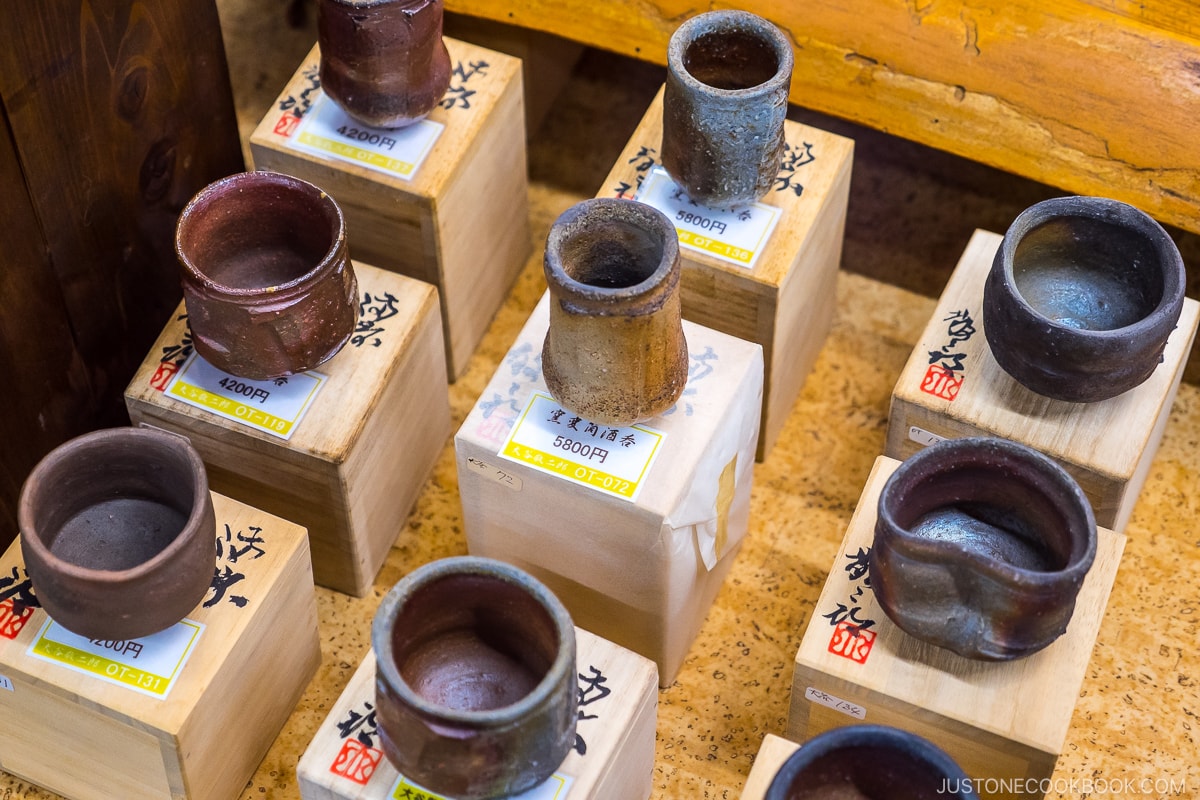 Bizen ware cups on wood boxes