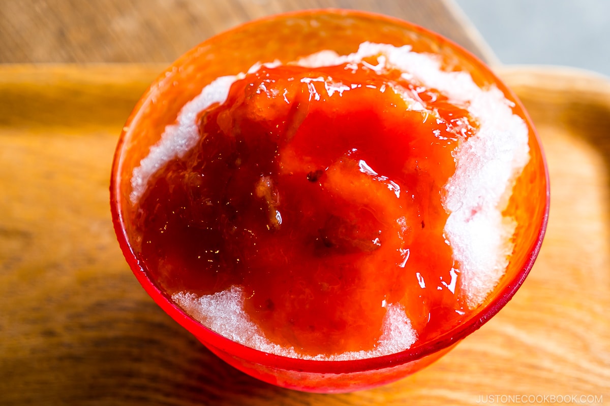 shaved ice with strawberry sauce