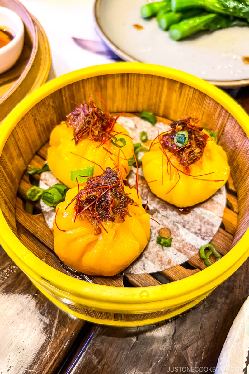 dumplings inside a dim sum basket